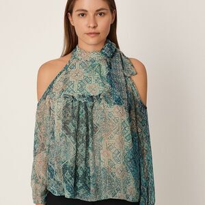 Libby. Edelman Boho Sheer Neck Tie Cold Shoulder Top